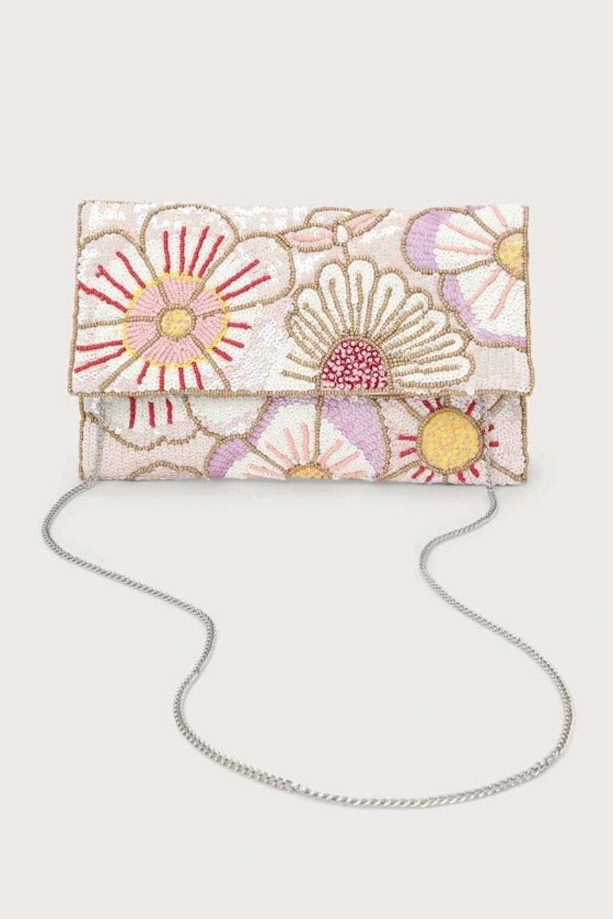NWOT Lulus Bead Beautiful Blush Pink Multi Floral Beaded Clutch w/Chain